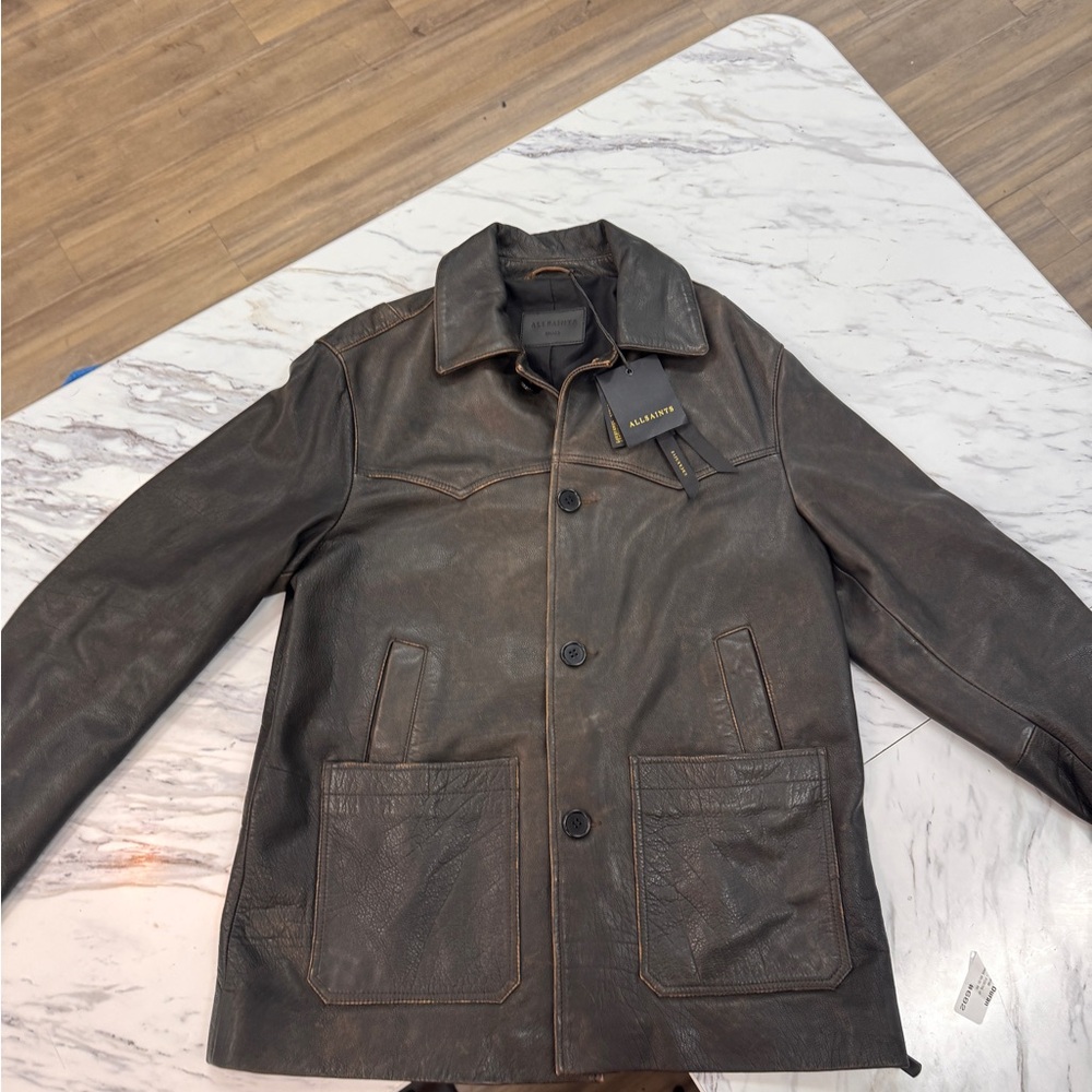 All Saints Men's Dark Brown Leather Field Jacket
